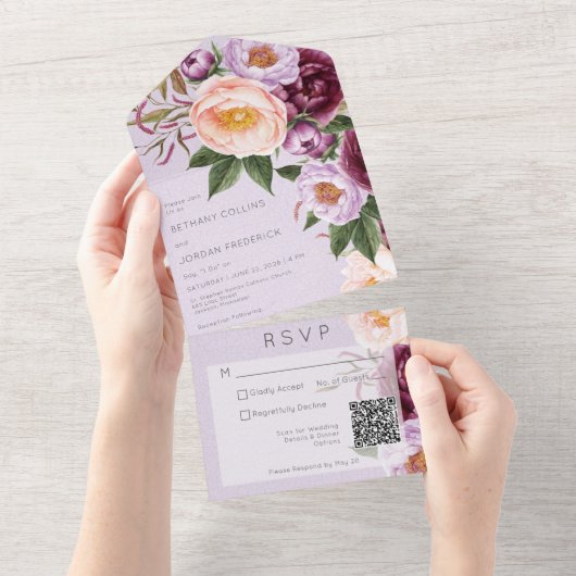 Lavender Maroon & Peach Peonies QR Code All In One Uitnodiging (Afscheurbaar)