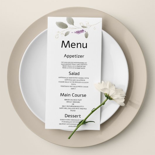Lavender menthe or aquarelle Mariage floral Menu