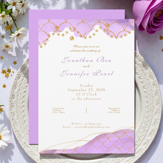 Lavender Mermaid Gold Wedding Invitation