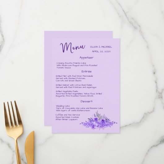 Lavender minimaliste élégant mariage Menu (Devant/Arrière en situation)