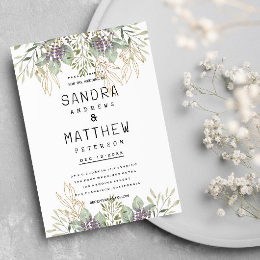 Lavender mint green gold glitter floral Wedding Kaart