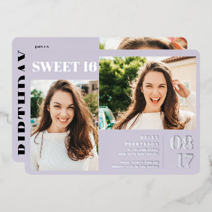 Lavender modern bold 3 foto's Sweet 16 Folie Uitnodiging