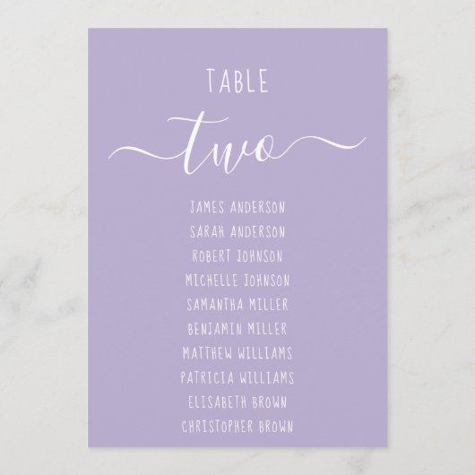 Lavender Modern Script Purple Seating Chart Card (Achterkant)