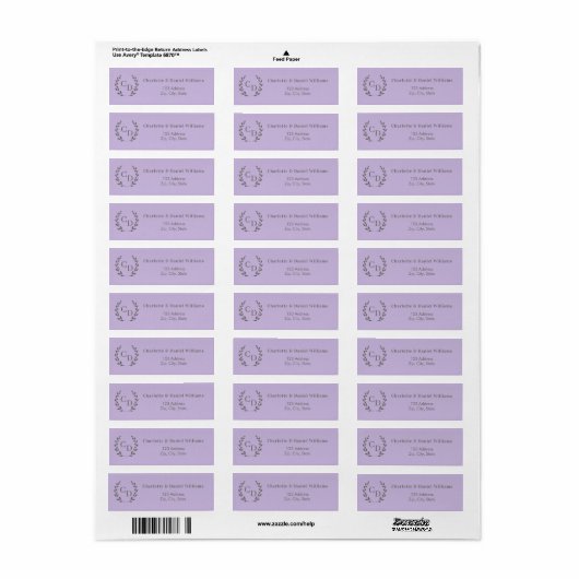 Lavender monogrammed wreath return address etiket (Full Sheet)