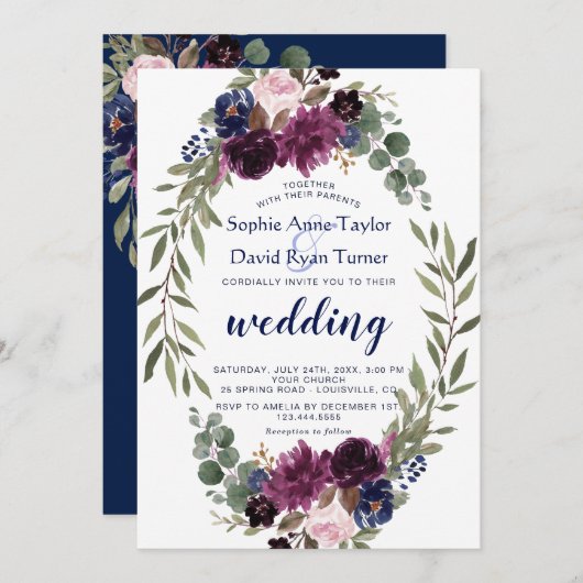 Lavender Navy Blue Floral Bloom Wedding Kaart (Voorkant / Achterkant)