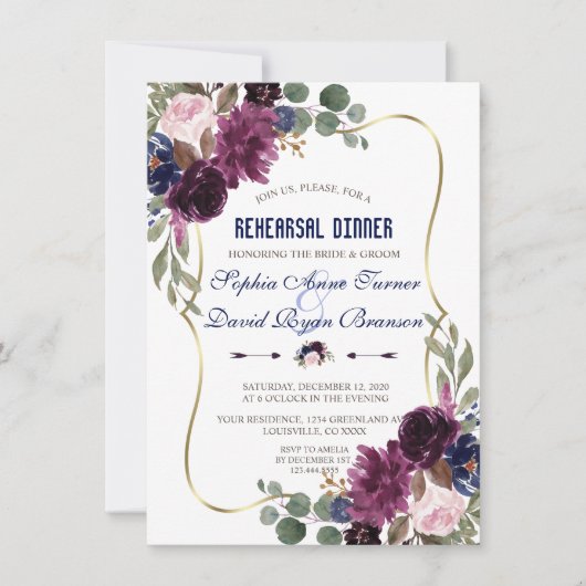 Lavender Navy Gold Floral Bloom Rehearsal Dinner Kaart (Voorkant)