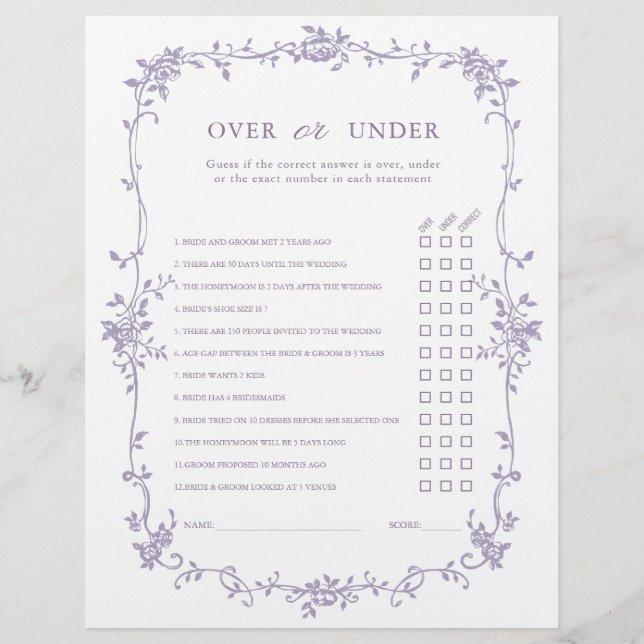 Lavender 'Over or Under' Bridal Shower Game (Voorkant)