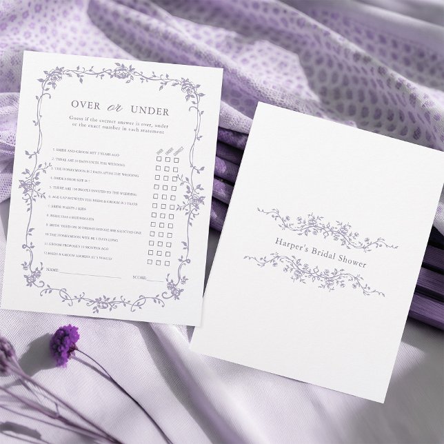 Lavender 'Over or Under' Bridal Shower Game (Front & Back)