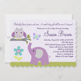 Lavender Owl Elephant Butterfly Baby shower Invite Kaart