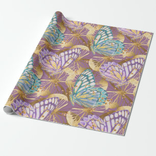 Lavender Paars Blauwgroen en gouden vlinderbloemsc Cadeaupapier
