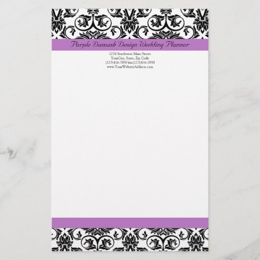 Lavender Paars Damask Black/White Briefpapier (Voorkant)