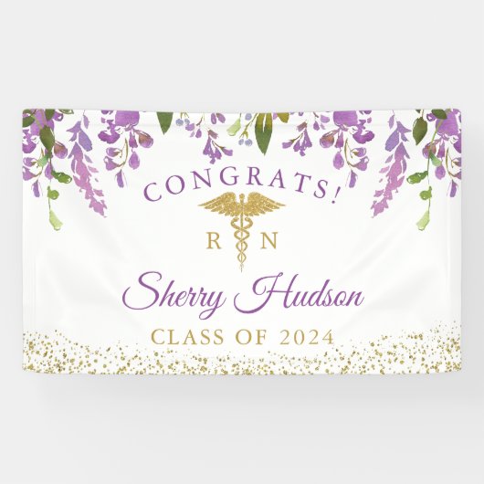 Lavender Paars Floral Gold RN Nursing Afstuderen Spandoek (Horizontaal)