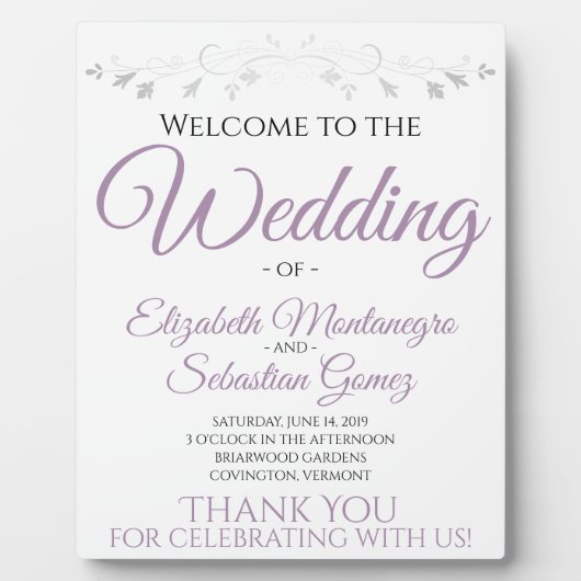 Lavender Paars & Grey Elegant Wedding Welkom Fotoplaat (Voorkant)
