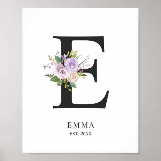 Lavender Paars Letter 'E' Nursery Name Wall Art Poster (Voorkant)