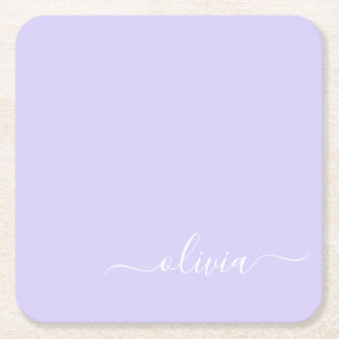Lavender Paars Modern Script Girly Monogram Naam Vierkante Kartonnen Onderzetter