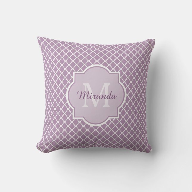  Lavender Paars Quatrefoil Monogramnaam Kussen (Voorkant)