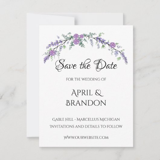 Lavender Paars Roos en Eucalyptus Save The Date (Voorkant)