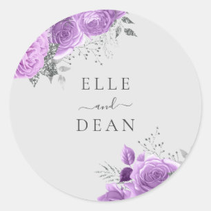Lavender Paars & Silver Floral Elegant Wedding Ronde Sticker