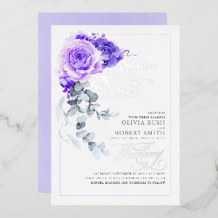 Lavender Paars & Silver Foil Floral Boho Wedding Folie Uitnodiging