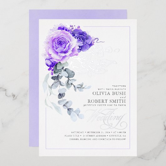 Lavender Paars & Silver Foil Floral Boho Wedding Folie Uitnodiging (Voorkant / Achterkant)