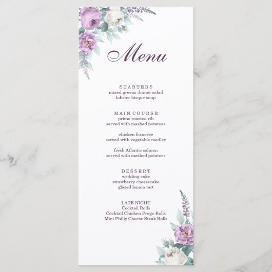 Lavender Paars Wedding Menu Kaart (Voorkant)