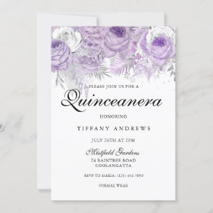 Lavender Paars White Silver Flowers Quinceanera Kaart