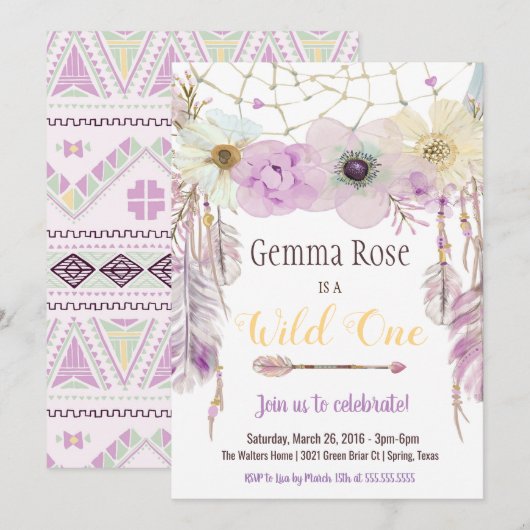 Lavender & Paarse Boho Wild Een eerste verjaardag Kaart (Voorkant / Achterkant)