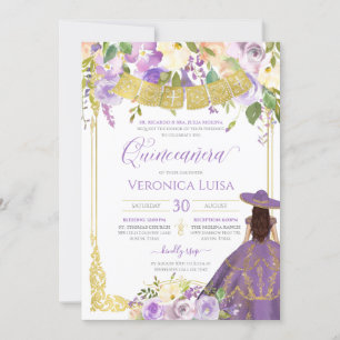 Lavender Paarse Floral & Gold Charro Quinceanera Kaart