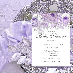 Lavender Paarse Silver Floral Baby shower Invite Kaart