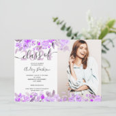 Lavender paarse waterverf foto afstuderen kaart (Staand voorkant)