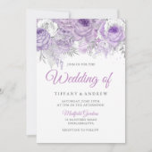 Lavender Paarse White Silver Floral Wedding Invite Kaart (Voorkant)