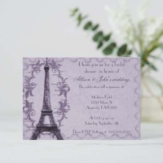 Lavender Paris Grunge Bridal Shower Invitation Kaart (Staand voorkant)