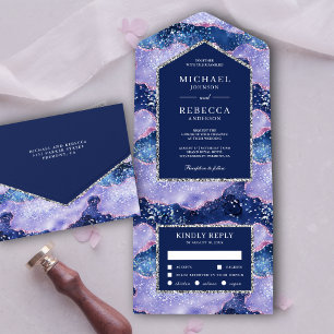 Lavender Periwinkle Glitter Agate Marble Wedding All In One Uitnodiging