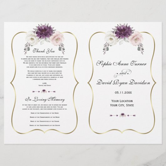 Lavender Pink White Floral Gold Wedding Programme (Voorkant)