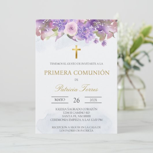 Lavender première communion espagnole Invitation (Debout devant)