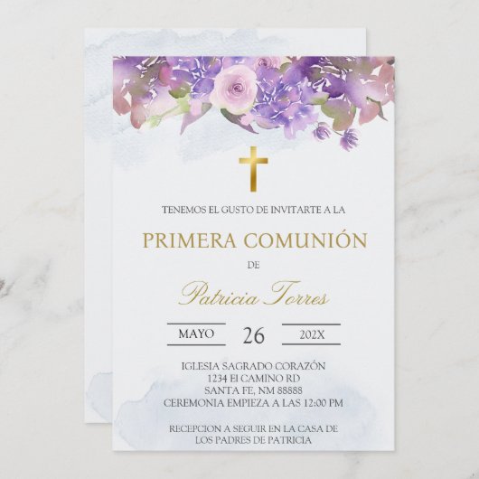 Lavender première communion espagnole Invitation (Devant / Derrière)