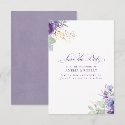 Lavender Purple Botanical Elegant Save the Date (Devant / Derrière)