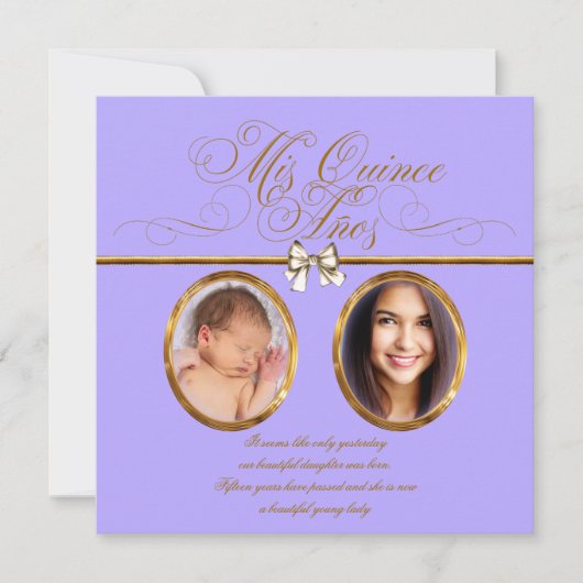 Lavender Purple Gold Photo Quinceanera Invitations (Devant)