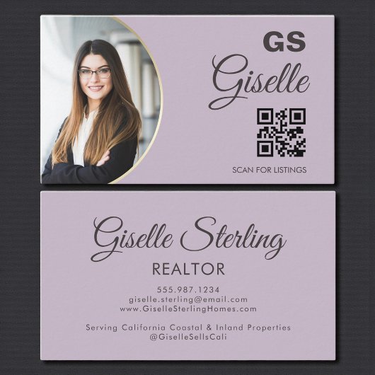 Lavender Purple Photo Monogram Realtor QR Code Visitekaartje