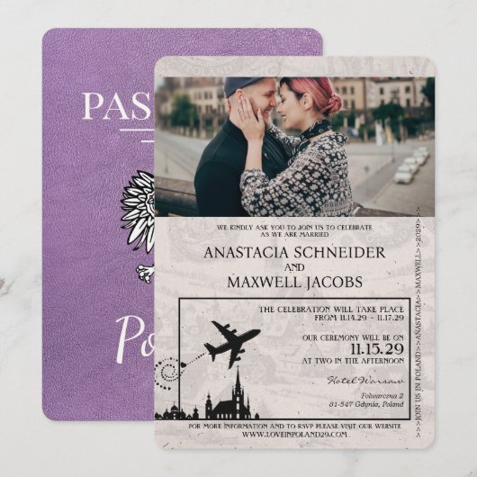 Lavender Purple Pologne Passeport Faire-part de ma (Devant / Derrière)