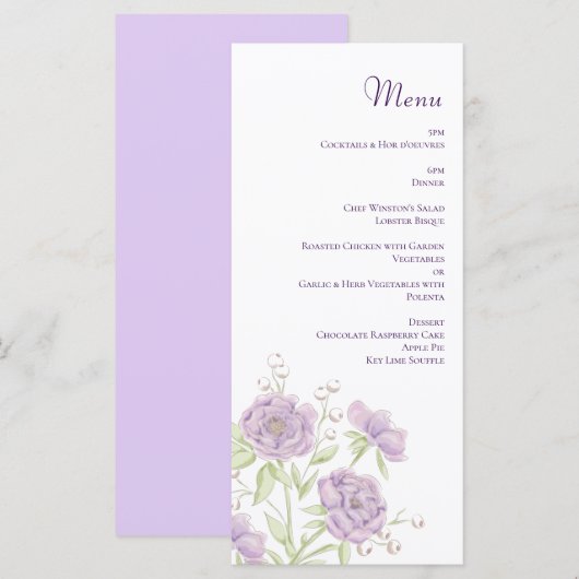 Lavender Purple Rose Wedding Menus (Devant / Derrière)