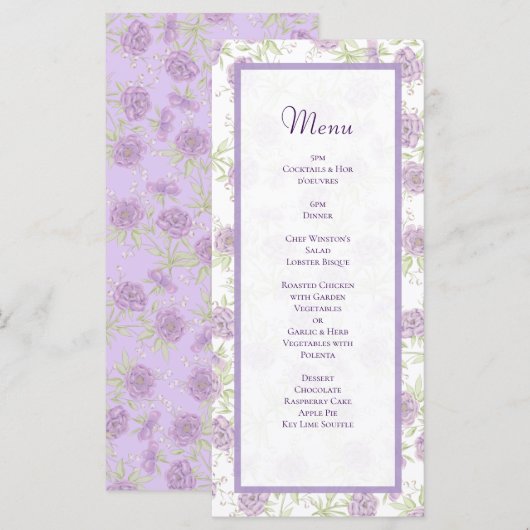 Lavender Purple Rose Wedding Menus Menu (Voorkant / Achterkant)