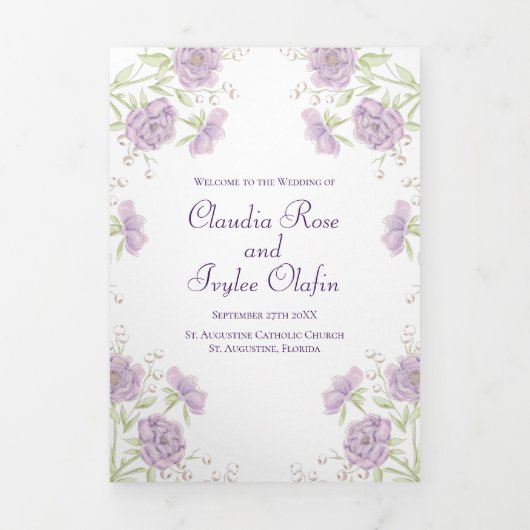 Lavender Purple Rose Wedding Programs Drieluik Programma (Cover)