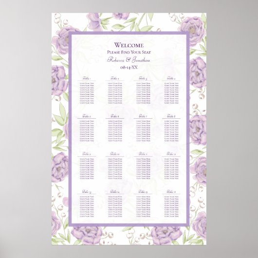 Lavender Purple Rose Wedding Seating Chart Poster (Voorkant)
