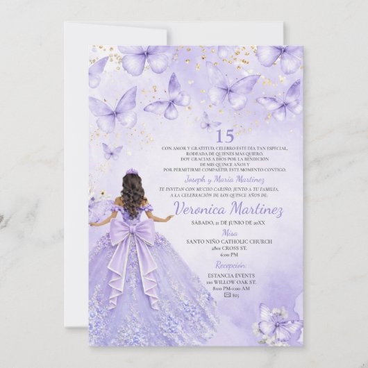Lavender Quinceañera Invitation with Butterflies (Devant)
