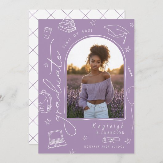 Lavender Retro Photo Graduation Faire-part (Devant / Derrière)