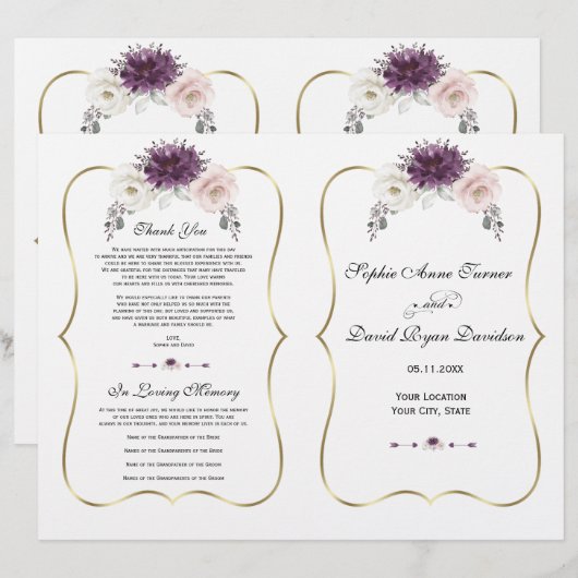 Lavender Rose Blanc Floral Gold Wedding Programme (Devant / Derrière)