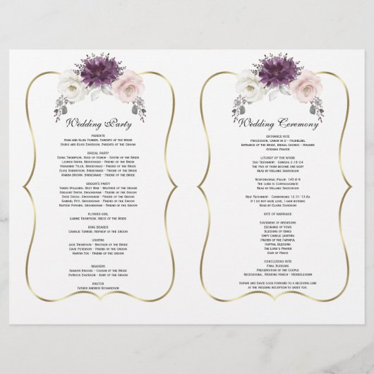 Lavender Rose Blanc Floral Gold Wedding Programme (Dos)