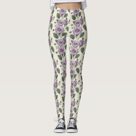 Lavender Roses With Silver And Green Leaves  Leggings