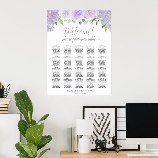 Lavender Rozen 20 Table Boho Wedding Seating Chart Poster (Thuiskantoor)